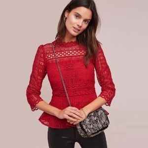 BRAND NEW Anthropologie Moulinette Soeurs Tamera Red Lace Peplum Top - Size 10